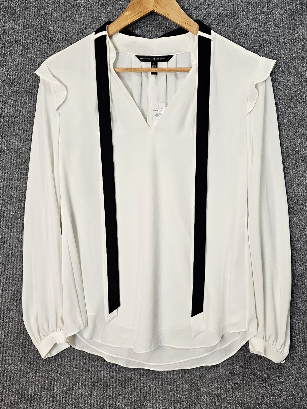WHBM Ivory V-Neck Ruffle Blouse with Black Tie Accent – NWT